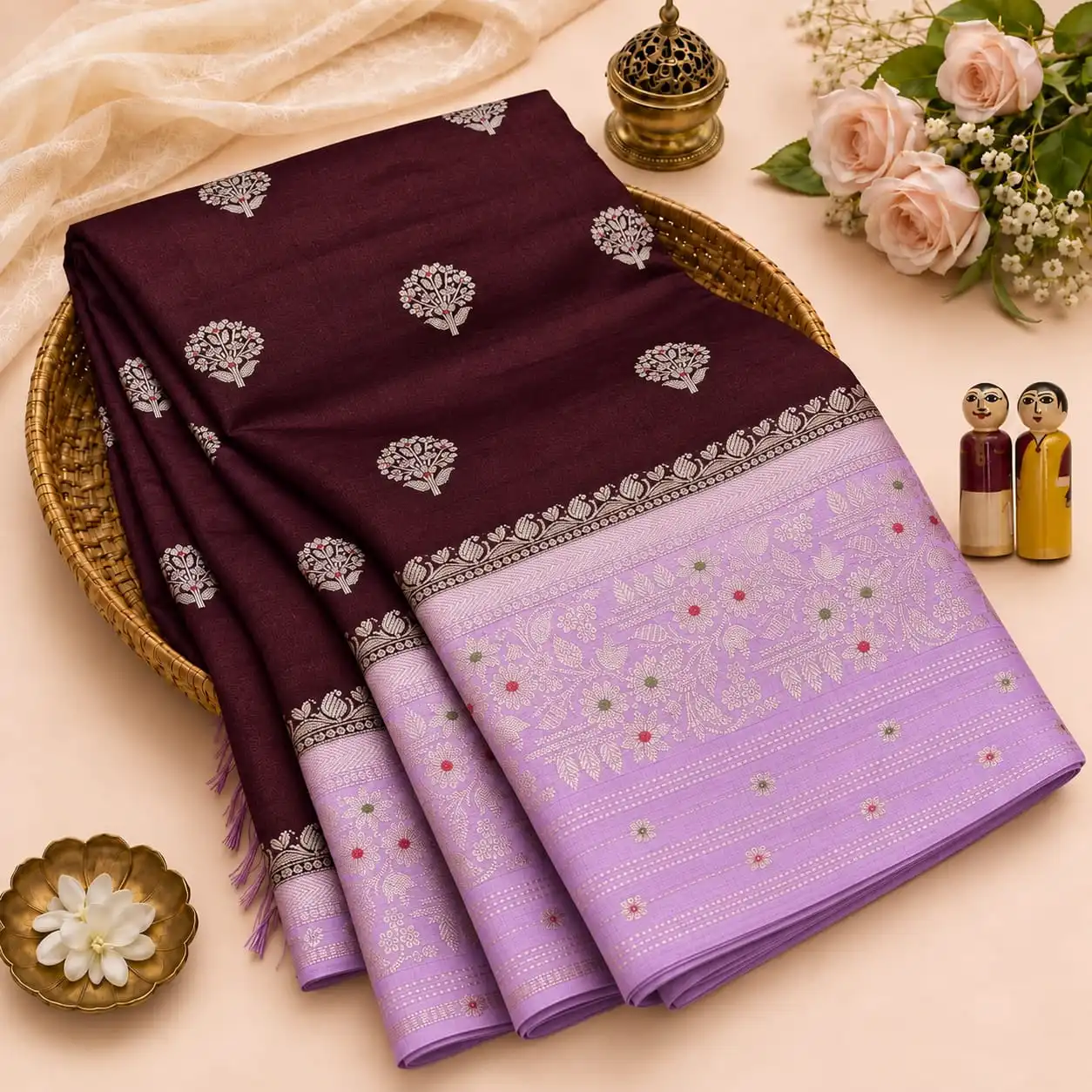 Scattered Floral Booti Semi Silk Saree